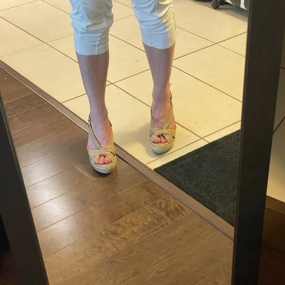 Gorgeous tan wedge sandals - NEVER WORN. Too high for me. - Picture 4 of 6